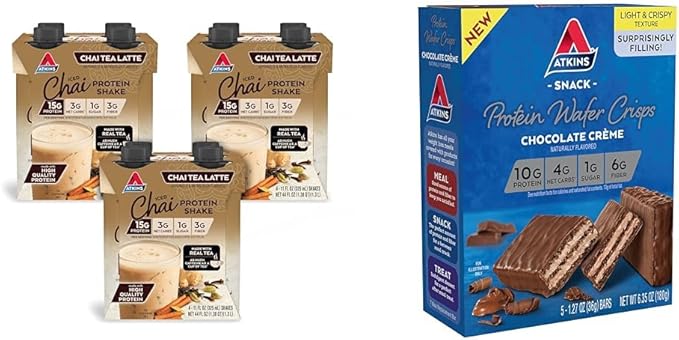 Atkins Chai Tea Latte Protein Shake with 15g Protein &amp Atkins Chocolate Crème Protein Wafer Crisps with 10g Protein Low Sugar Low Carb Keto Friendly