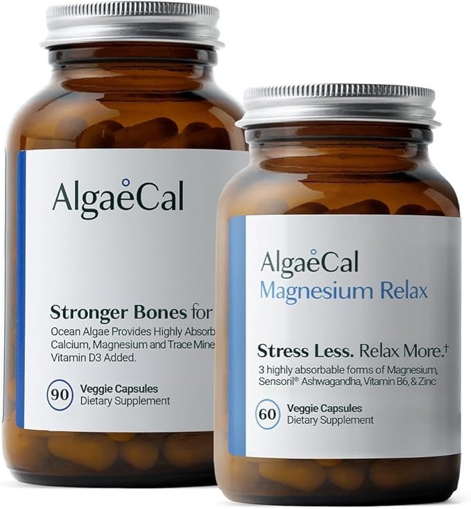 AlgaeCal Magnesium Relax™ - Chelated Magnesium with Ashwagandha for Sleep &amp Occasional Anxiety and Algaecal - Plant Based Calcium Supplement with Vitamin D3 for Bone Strength