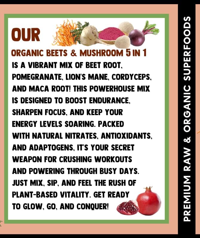 Cherie Sweet Heart Organic Beets &amp Mushroom 5 in 1 Beet Root Powder Mushroom Powder Supplement Beetroot with Pomegranate Cordyceps Lions Mane Maca USDA Organic Gluten Free - 8 Oz Jar