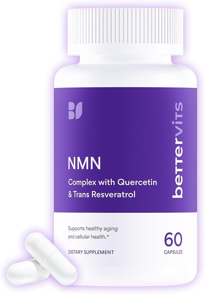 Bettervits NMN Supplement with Quercetin Powder| NAD+ Resveratrol Support Formula for Cells Regeneration Energy and Anti-Aging Support | NAD Supplements for Women &amp Men - 60 Capsules