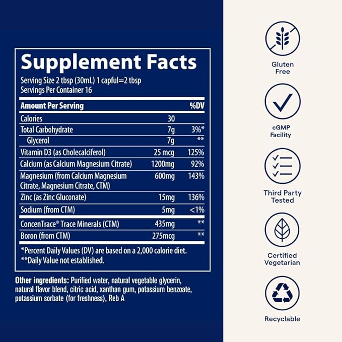Trace Minerals Cal/Mag/Zinc - Liquid Mineral Supplement for Natural Body Health - Bone Muscle &amp Cellular Health - Supports Immunity &amp Energy - Gluten-Free - 16Fl Oz (32 Servings) - Pineapple