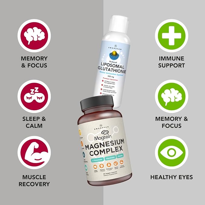AMANDEAN Premium Liposomal Glutathione &amp Magnesium Complex Bundle. Antioxidant. Liquid Setria. High-Absorption Magnesium Threonate Glycinate &amp Malate. Brain &amp Liver Health. Memory Focus