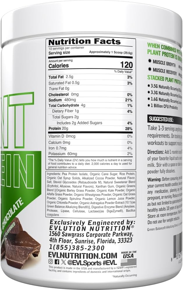 Evlution Nutrition Stacked Plant Protein Powder Vegan Non-GMO Gluten-Free Probiotics BCAAs Fiber Plant-Based Protein Complex 300G (Natural Chocolate) (Pack of 2)
