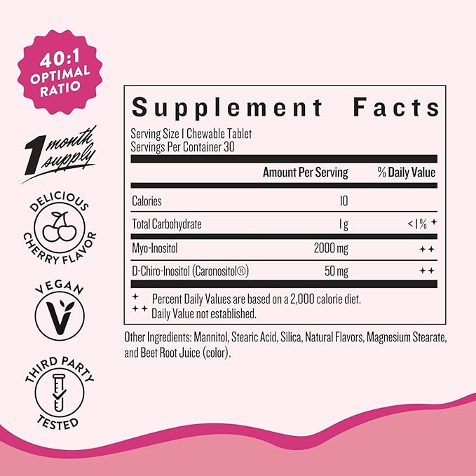 Legendairy Milk Myo Inositol and D Chiro Inositol Supplement for Women 40:1 Ratio PCOS Fertility Support Hormone Balance Sugar Free Vegan Chewable Tablets Cherry Flavor 90 Day Supply Pack of 3