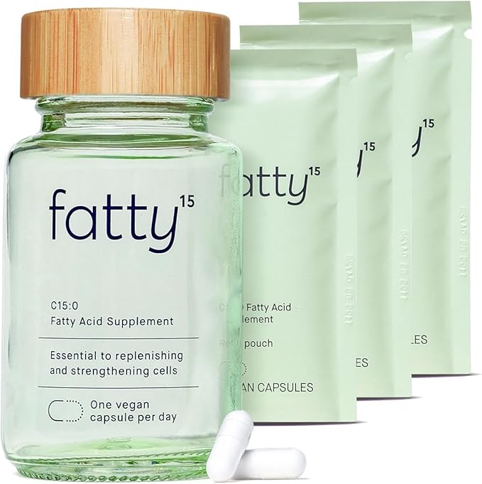 Fatty15 C15:0 Pentadecanoic Acid Supplement The Longevity Nutrient - 90 Vegan Capsules - 3X Cellular Benefits of Fish Oil EPA Omega 3 Supplements - Liver Support &amp Mitochondrial Health