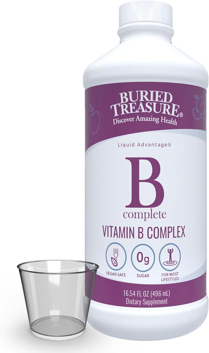 Buried Treasure B Complete - Liquid Vitamin B Complex with MethylCobalamin B12 &amp MethylFolate B9 Biotin B1 B2B3 B5 B6 Liquid &amp Sugar-Free Women &amp Men Dose Cup for Measuring