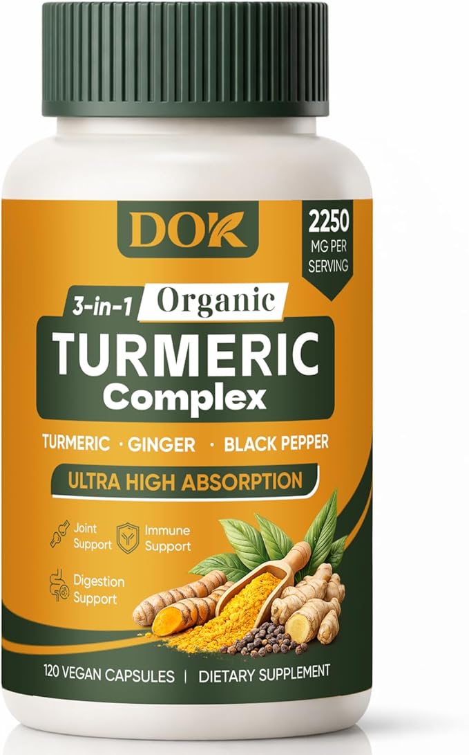Turmeric Organic 3-in-1 Complex Turmeric Curcumin Supplement with Black Pepper &amp Ginger 2250mg Daily Support Vegan Non-GMO 120 Count (A)