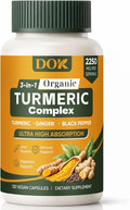 Turmeric Organic 3-in-1 Complex Turmeric Curcumin Supplement with Black Pepper &amp Ginger 2250mg Daily Support Vegan Non-GMO 120 Count (A)