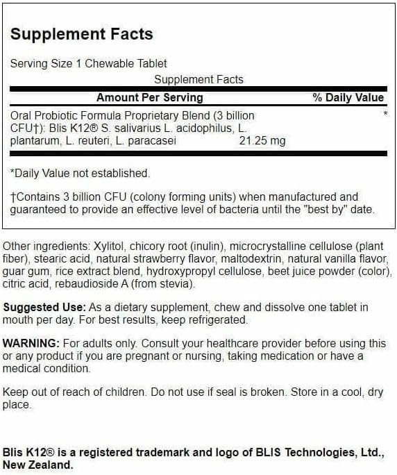 Swanson Oral Probiotic Formula with BLIS K12 for Adults Seeking Oral Respiratory and Immune Health Support - Natural Strawberry Flavor (30 Chewable Tablets 2 Pack)