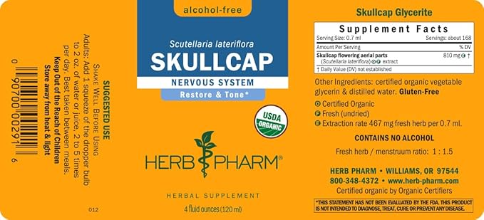 Herb Pharm Certified Organic Skullcap Liquid Extract for Nervous System Support Alcohol Free Glycerite 4 Ounce