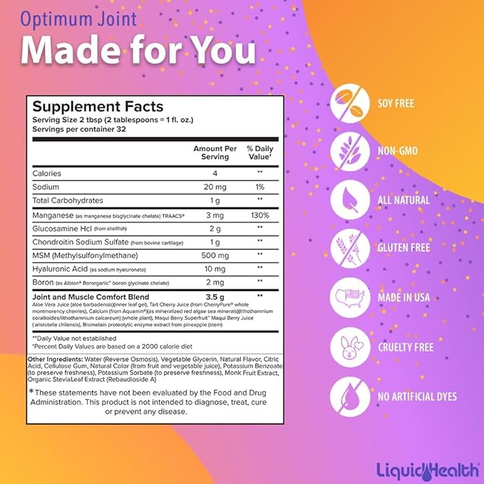 LIQUIDHEALTH Optimum Joint Support Supplement with Glucosamine Chondroitin MSM Hyaluronic Acid - Triple Strength Liquid Vitamins Gluten-Free Dairy-Free Soy-Free Joint Juice Made in USA (32 oz)