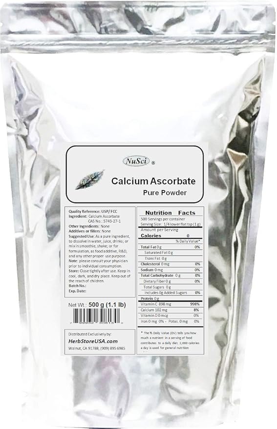 Calcium Ascorbate Pure Powder 500g 1.1lb 17.6oz Buffered Vitamin C.