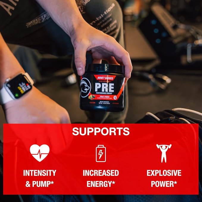 Honey Badger Pre Workout Powder Keto Vegan Preworkout for Men &amp Women Beta Alanine &amp Caffeine Sugar Free Natural Energy Supplement Fruit Punch (High-Stim)