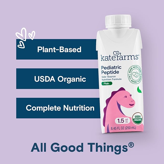 KATE FARMS Organic Pediatric Peptide 1.5 Formula Plain Sole-Source Hydrolyzed Plant-Based Nutrition for Oral or Tube Feeding 8.45 oz (12 Pack)