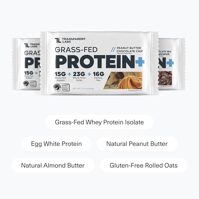 Transparent Labs Protein+ Bars - Whole-Food Protein Bars w/ 15g+ Grass-Fed Whey &amp Egg Whites Protein Natural Peanut &amp Almond Butter No Artificial Sweeteners - Peanut Butter Chocolate Chip 1