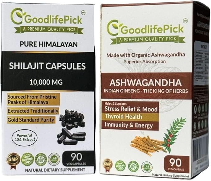 Himalayan Shilajit Capsule &amp Ashwagandha Capsules Pack of 2. 90+90 ct Gold Standard Premium Quality for Max Benefits. All Natural Non GMO No Rice Powder No Filler No Silicon Dioxide No Stearate