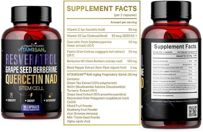 VITAMISAN Resveratrol NAD+ Quercetin Berberine &amp CoQ10 – Longevity &amp Antioxidant Support – 3 Bottles (270 Capsules) – Made in USA