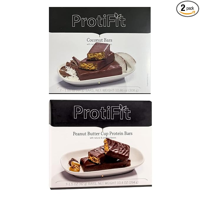 PROTIFIT - Low Calorie Coconut Crunch &amp Peanut Butter Cup Protein Bar 2 Pack High Protein 15g Protein Low Carb Low Sugar Ideal Protein Compatible 7 Servings Per Box (2 Pack)