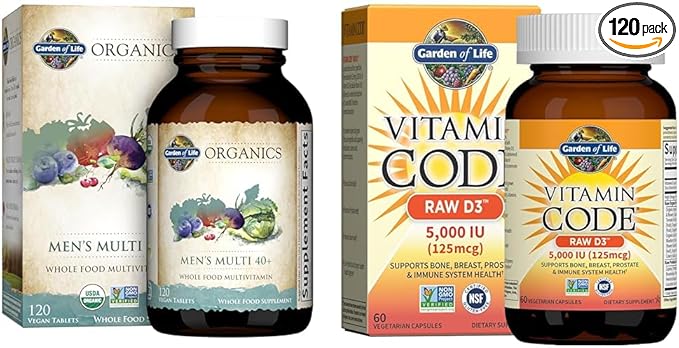 Garden of Life Organics Men's Multi 40+ 120 Tablets &amp Raw D3 5000 IU 60 Capsules Bundle