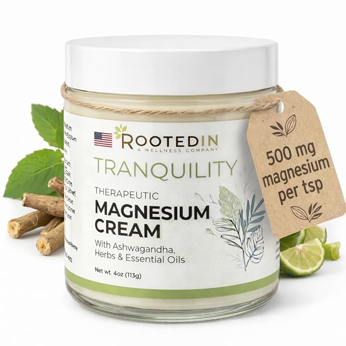 Rooted In Magnesium Cream with Ashwagandha – Calming Botanical Body Lotion – High-Concentration Topical Magnesium for Daily Relaxation &amp Skin Nourishment – 4oz Glass Jar