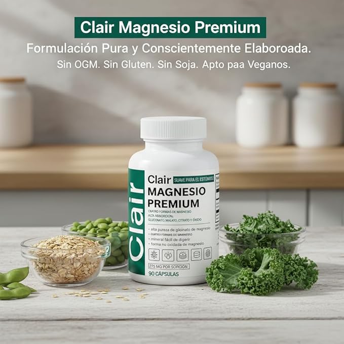 Clair Magnesio PremiumClair MagnesioNon-GMO IngredientsFree from Gluten and Soy. Vegan-Friendly90 Capsules (2pcs)