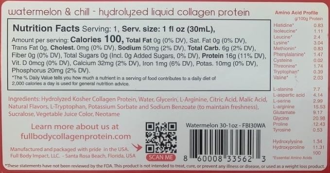 Liquid Collagen Protein Supplement 16000mg (16g) of Hydrolyzed Collagen Types I &amp III for Healthy Hair Skin Nails &amp Joints 1oz Packs (Box of 30) Sugar Free (Watermelon &amp Chill)