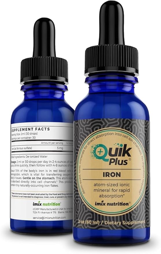 QuikPlus Iron Ionic Liquid Mineral Supplement for Hemoglobin &amp Ferritin – High Absorption Iron Supplement for Adults – Vegan Gluten-Free All Natural – 2 oz Bottle