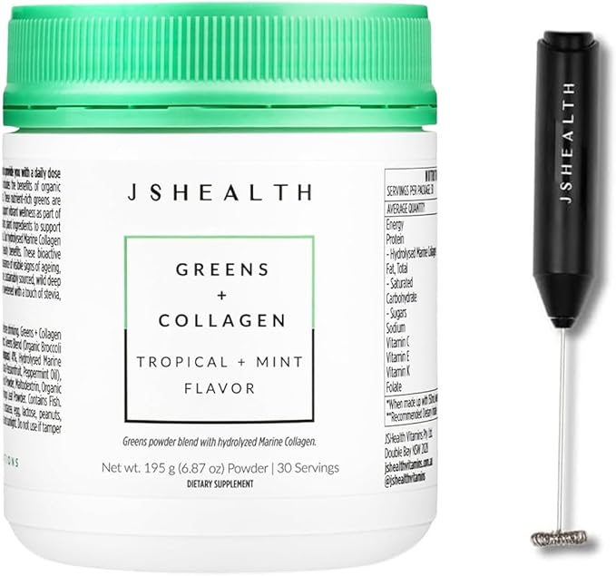 JSHealth Super Greens Powder with Marine Collagen Peptides Vitamins &amp Veggies 30 Servings Whisk - Virtual Bundle