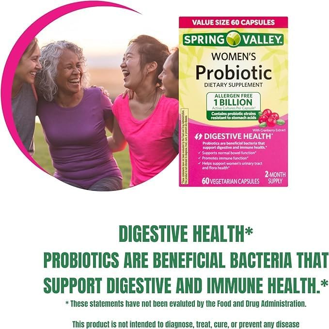 Spring Valley Women's Probiotic Dietary Supplement Vegetarian Capsules for Digestive Health Cranberry 60 Count Value Size + ViT4 Pill Box.