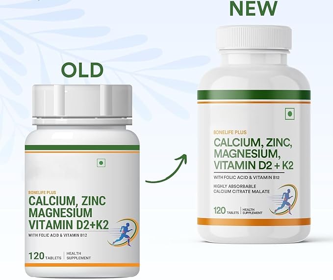 Calcium Magnesium Zinc Vitamin D K2 Folic Acid &amp B12 Vegetarian Tablets Bone &amp Joint Support Supplement | Calcium Supplement for Women Men - 120 Tablets (Pack of 1)