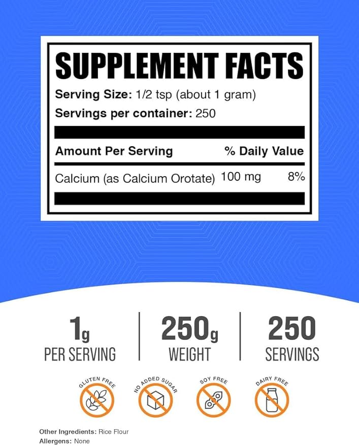 BulkSupplements.com Calcium Orotate Powder - Calcium Supplement High Bioavailability - Unflavored &amp Gluten Free 1g per Serving 250g (8.8 oz) (Pack of 1)