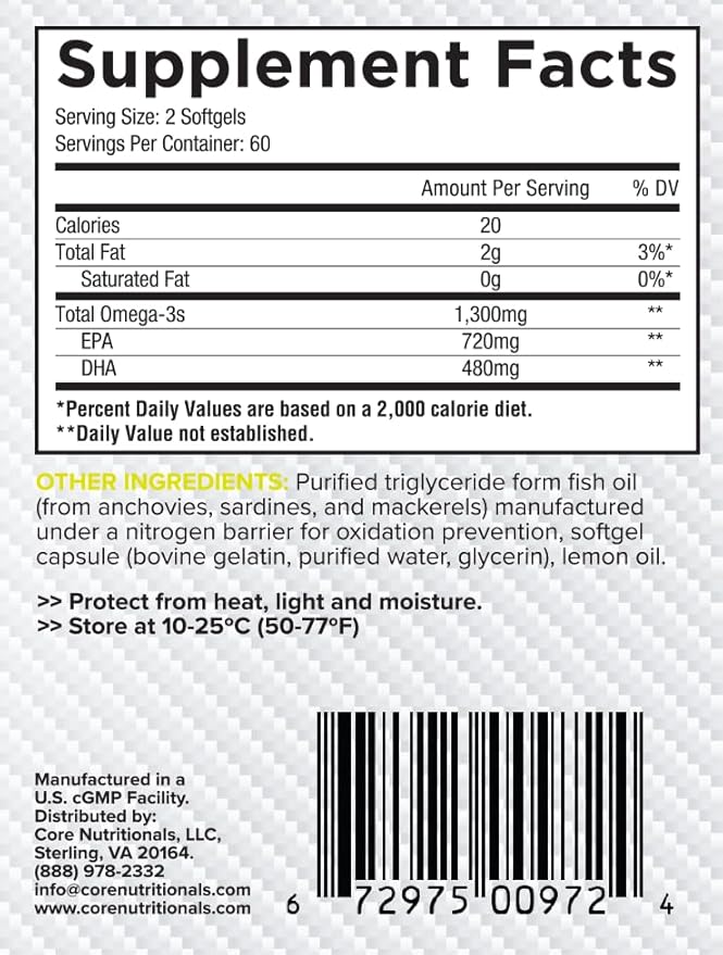 Core Nutritionals Omega High Purity Fish Oil | Triglyceride Form EPA &amp DHA | 1300mg Omega-3s | Brain &amp Heart Health Support | Lemon Taste | 120 Softgels