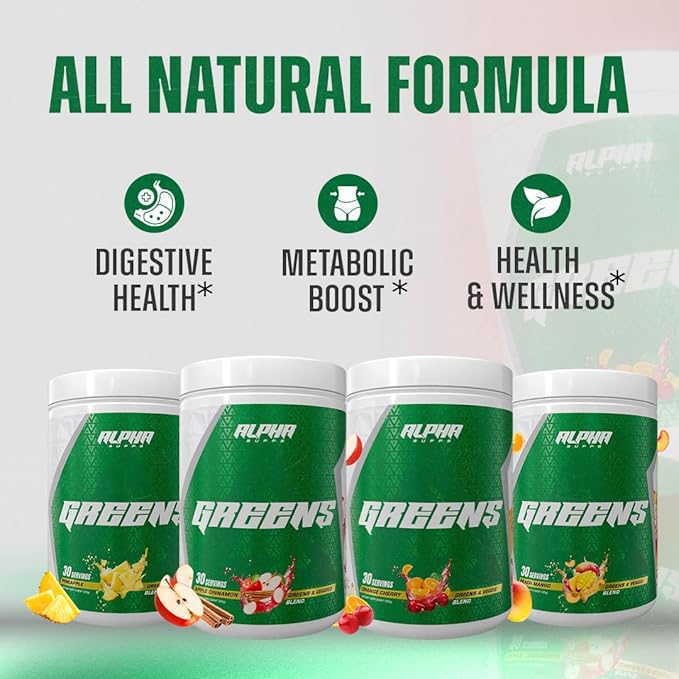 Alpha Supps - Alpha Greens Supplement | Fruit &amp Vegetable Superfood Powder | Over 40 Natural Plant Based Ingredients | Prebiotic &amp Probiotic Digestive Support Blend - 30 Servings (Apple Cinnam