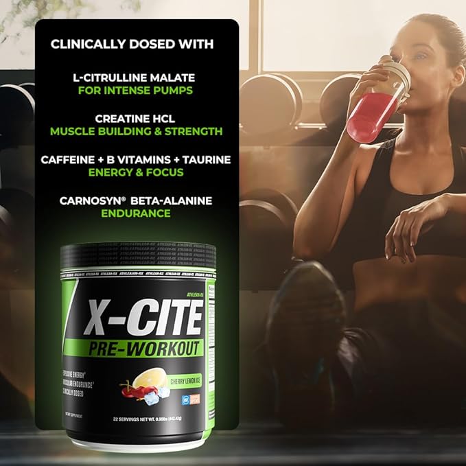 X-CITE Pre-Workout by ATHLEAN-X - Enhanced Formula with Beta-Alanine Creatine &amp Caffeine for Ultimate Energy Endurance Focus &amp Muscle Pump NSF Certified for Sports (Cherry Lemon Ice)