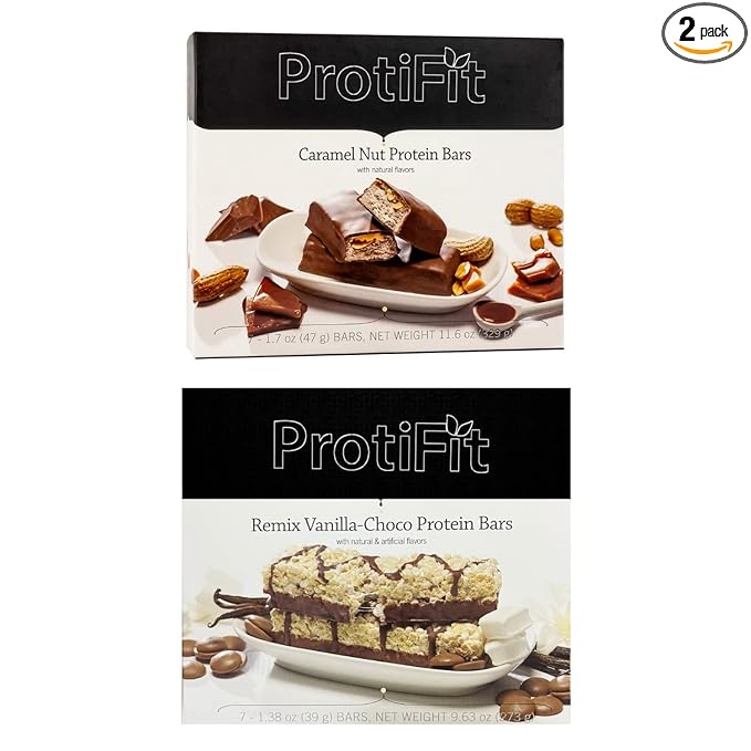 PROTIFIT - Low Calorie Caramel Nut &amp Remix Vanilla-Choco Protein Bar 2 Pack High Protein 15g Protein Low Carb Low Sugar Ideal Protein Compatible 7 Servings Per Box (2 Pack)