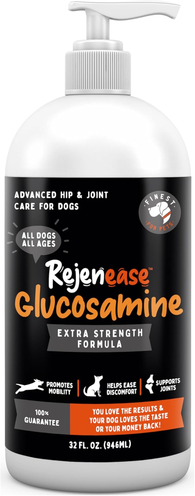 Liquid Glucosamine for Dogs with Chondroitin MSM &amp Hyaluronic Acid (32oz). Hip &amp Joint Supplement Supports Better Mobility &amp Promotes New Cartilage. Eases Joint Stiffness. Rejenease Made
