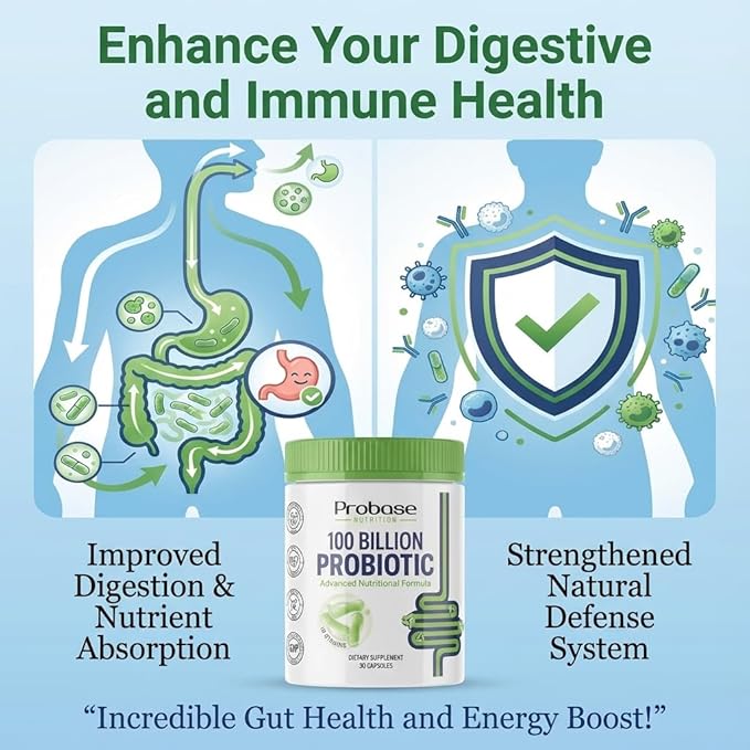 Probase Nutrition Probiotic 100 Billion CFU 10 Strains with Prebiotics 30 Veggie Capsules Gluten Free for Men and Women 30-Day Supply