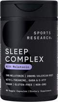 Sports Research® Sleep Complex with Melatonin 5mg L-Theanine 200mg &amp Magnesium - Supports Restorative Sleep &amp Relaxation - Vegan Certified · Non-GMO · Gluten Free - 60 Veggie Capsules