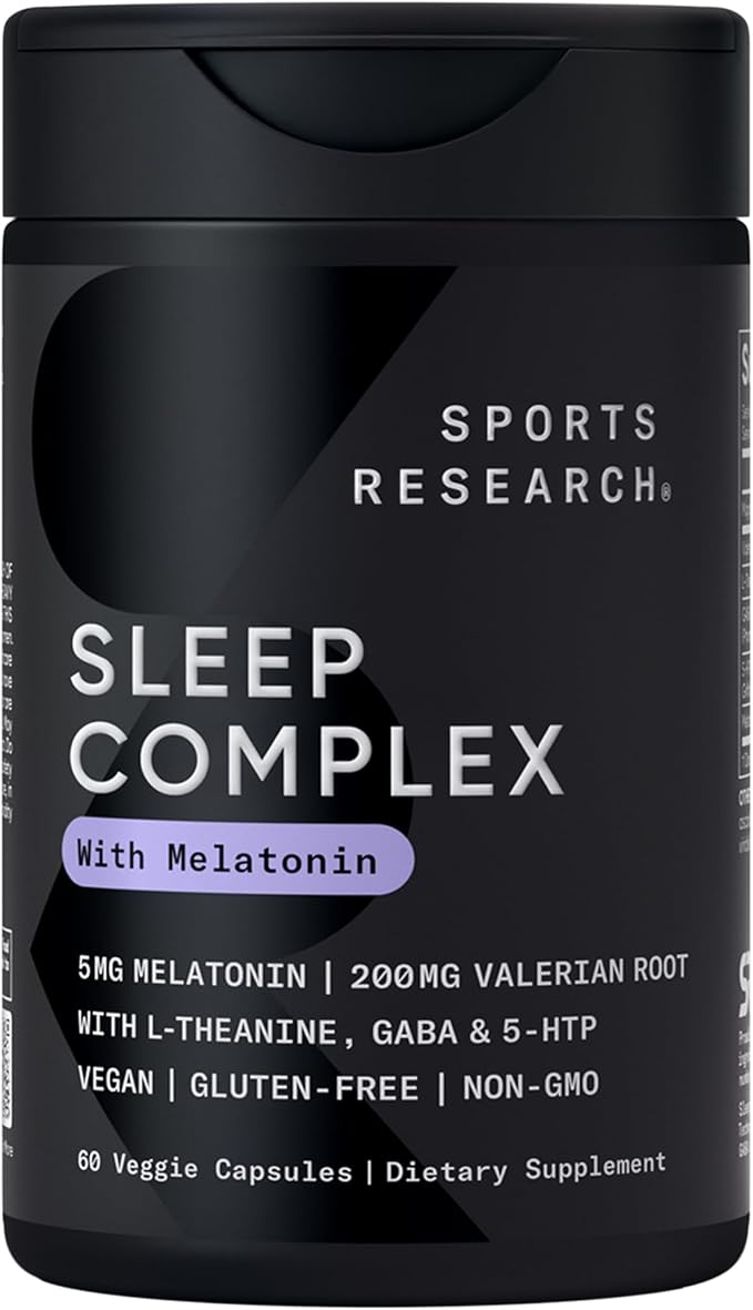 Sports Research® Sleep Complex with Melatonin 5mg L-Theanine 200mg &amp Magnesium - Supports Restorative Sleep &amp Relaxation - Vegan Certified · Non-GMO · Gluten Free - 60 Veggie Capsules
