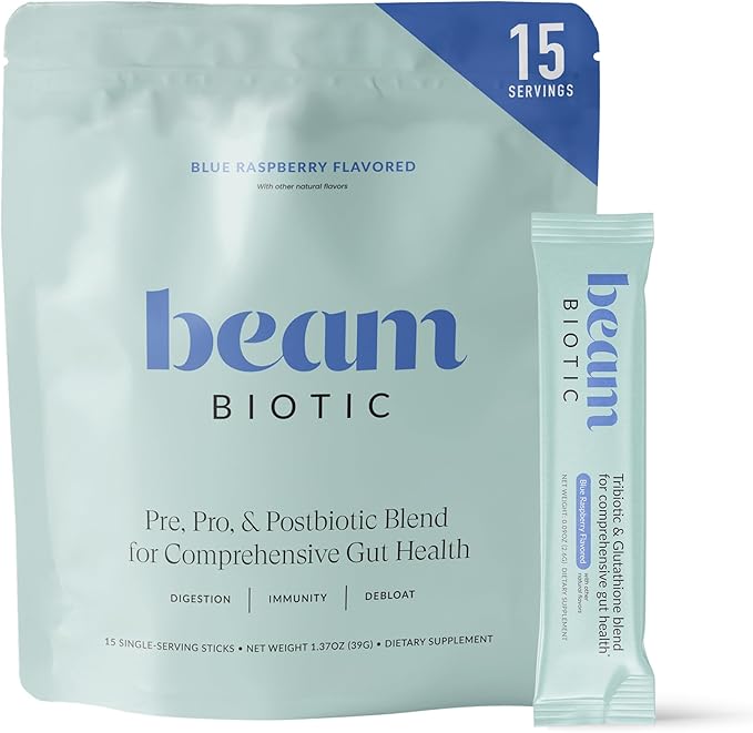 Beam Biotic Probiotics for Women – Gut Health &amp Digestive Health Powder with Pre Pro &amp Postbiotics + Glutathione Daily Probiotic Drink for Bloating Relief &amp Gut Balance 15 Servings Blu