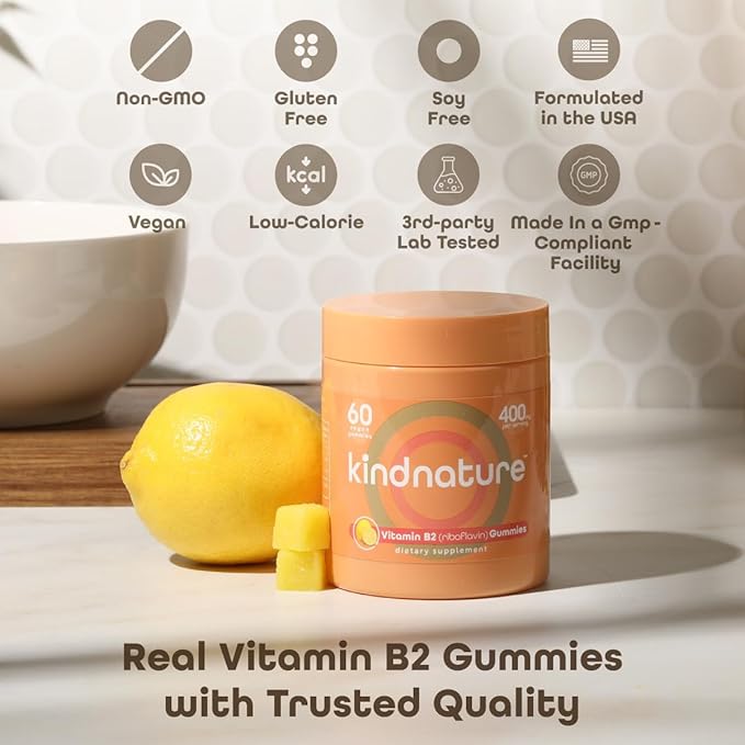 kindnature Vitamin B2 Gummies - Riboflavin 400mg Supplement for Kids &amp Adults - Non-GMO Soy &amp Gluten-Free Vegan Chewable Gummies (30 Day Supply)