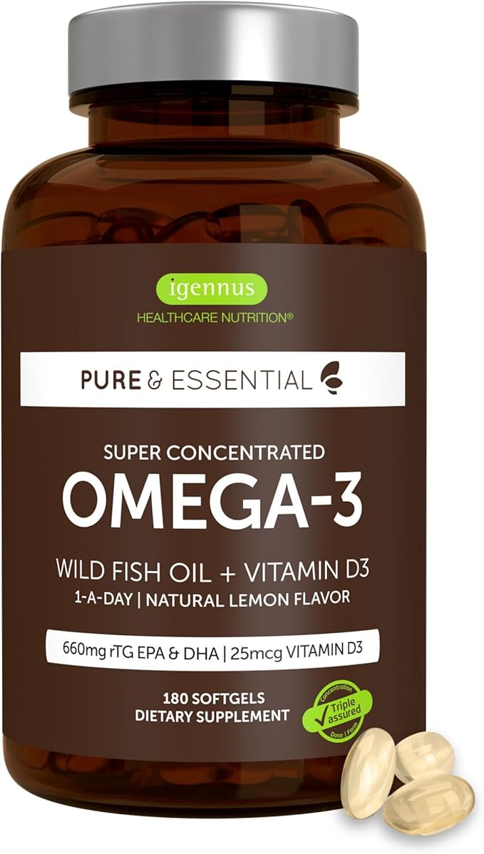 Igennus Advanced rTG Omega-3 IFOS Certified Wild Fish Oil &amp Vitamin D3 1-a-Day Fatty Acids EPA &amp DHA Fast-Acting Triglyceride Form Ultra Pure &amp Non-GMO 180 Softgels