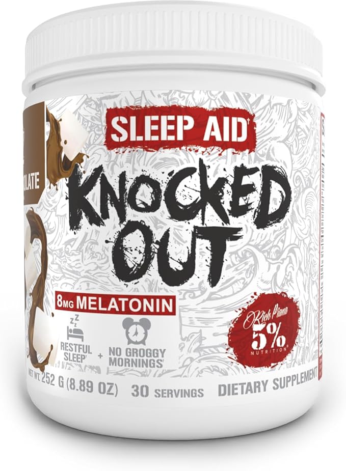 5% Nutrition Rich Piana Knocked Out Natural Sleep Aid | Post-Workout Recovery &amp Deep Sleep Supplement | GABA Melatonin Chamomile Tyrosine 5-HTP &amp More | 8.4 oz 30 Servings (Hot Chocolate