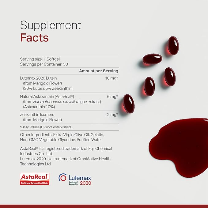 Lutein Astaxanthin Zeaxanthin Eye Health Support Supplement 2 in 1 Antioxidant Formula with Lutemax and AstaReal with Extra Virgin Olive Oil 30 Softgels