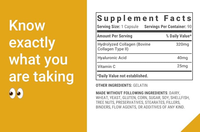 Type 2 Collagen for Joint Support | Grass-Fed Hydrolyzed with Hyaluronic Acid &amp Vitamin C | Joint Health &amp Cartilage Support