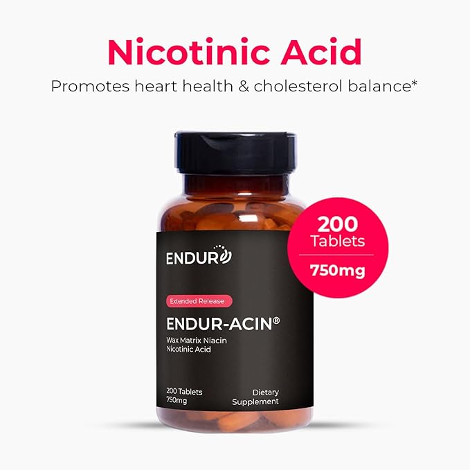 ENDUR-ACIN - Niacin B3 - ER (Extended Release) 750 mg - Nicotinic Acid - Healthy Heart &amp Cholesterol Balance Supplement - Low-Flush High-Potency Niacin with 4–8 HR Timed-Release Matrix - 200 Table