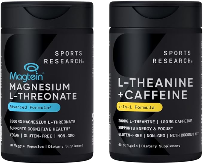 Sports Research® Thetawave Boost Pack - Magtein Magnesium L-Threonate Capsules 2000mg + L-Theanine Supplement with Caffeine &amp Coconut MCT Oil