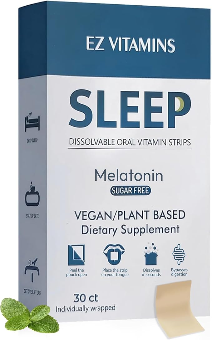 Dissolvable Oral Sleep Strips with 5 mg Melatonin Valerian Root L-Theanine and Vitamin B6 - Fresh Mint Flavor No Water Needed Works Faster Than Gummies Sleep Support Oral Strips 30ct