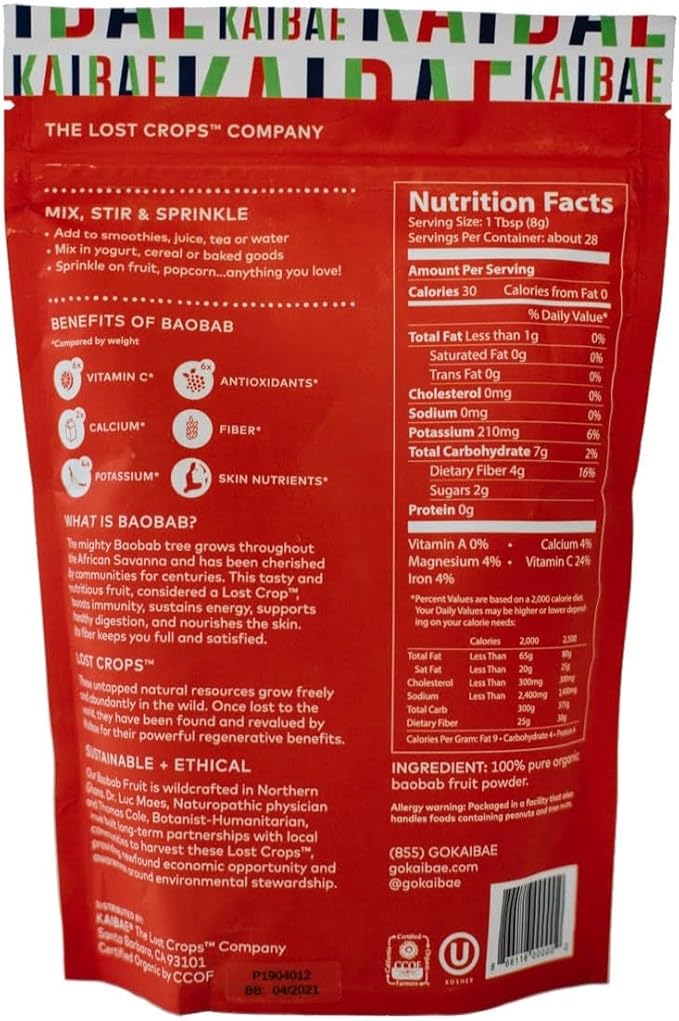 KAIBAE Premium Organic Baobab Powder | Prebiotic Fiber Superfood for Gut &amp Metabolic Health | Vitamin C + Polyphenols | Gluten-Free Non-GMO Vegan | 8 oz.