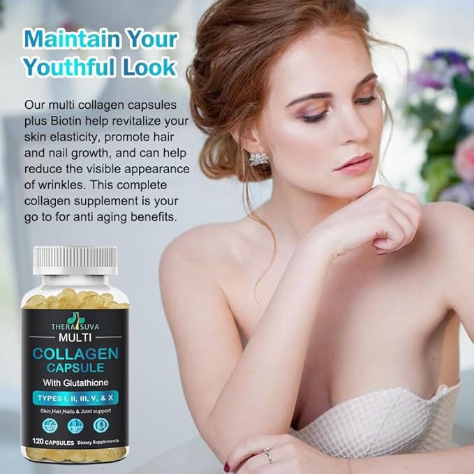 Complete Multi Collagen Complex – Types I II III V &amp X + Biotin &amp Vitamin C – Hair Skin Nails &amp Joint Support 2 Month Supply 120 Softgels